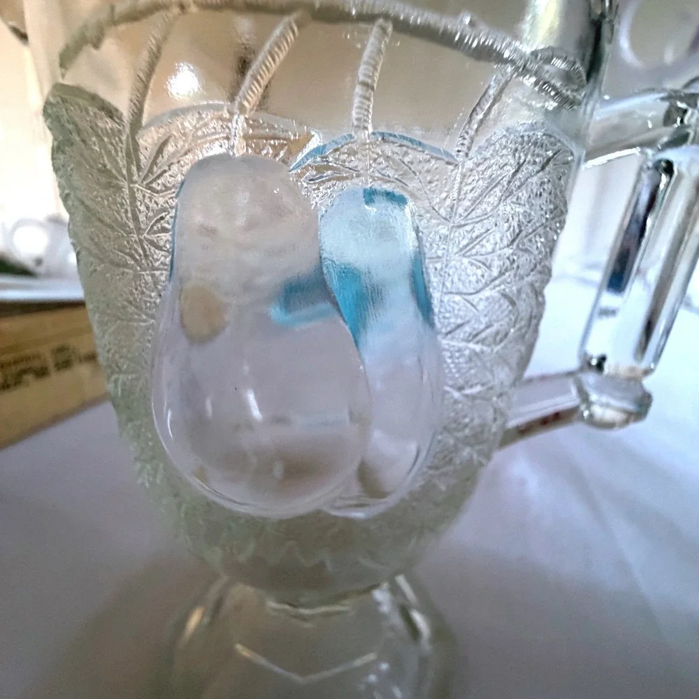 Vintage Glass Set Etched Floral Embossed Piece‎ Pear Footed Pitcher 3pc Clear